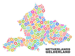 Mosaic technical Gelderland Province map isolated on a white background. Vector geographic abstraction in different colors.