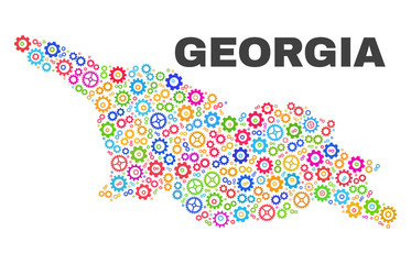 Mosaic technical Georgia map isolated on a white background. Vector geographic abstraction in different colors. Mosaic of Georgia map combined of scattered multi-colored gear elements.