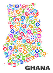 Mosaic technical Ghana map isolated on a white background. Vector geographic abstraction in different colors. Mosaic of Ghana map combined of random multi-colored cogwheel items.