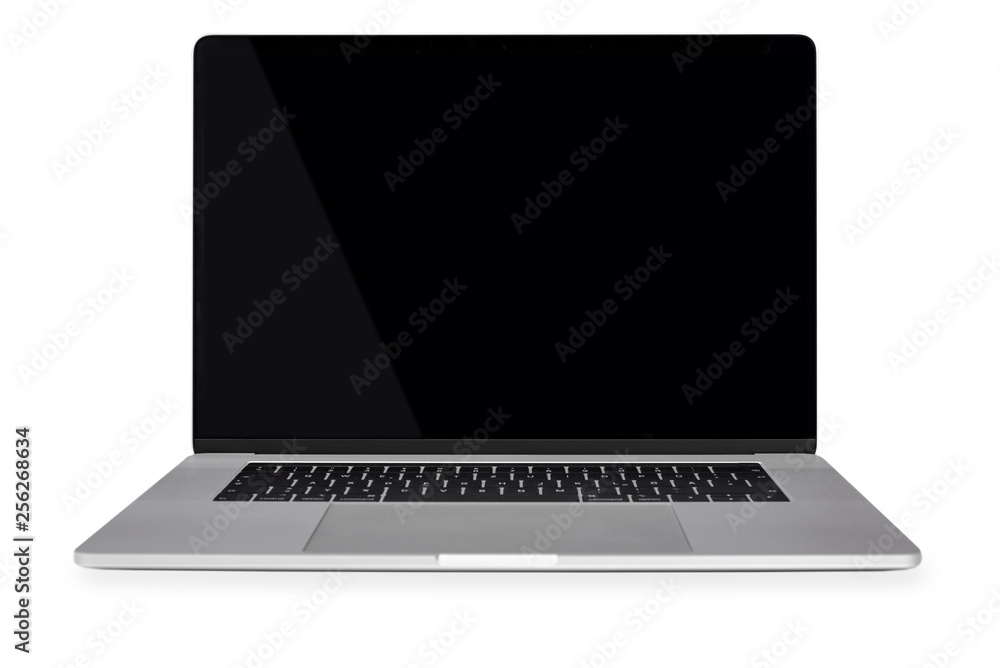 Poster front view of a generic modern laptop with a black screen and isolated on a white background (copy s