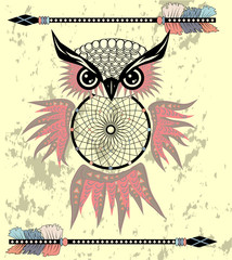 Indian decorative Dream Catcher owl in graphic style. illustration.
