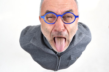 man making mockery on white