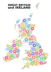 Mosaic technical Great Britain and Ireland map isolated on a white background. Vector geographic abstraction in different colors.