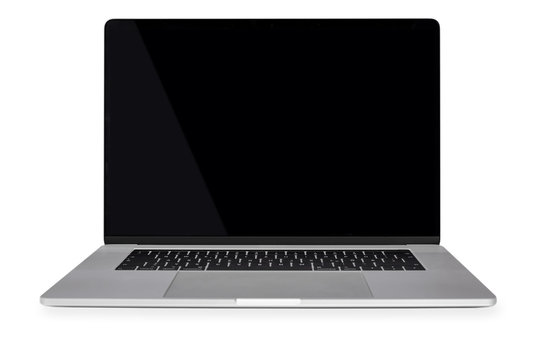 Front view of a generic modern laptop with a black screen and isolated on a white background (copy space).