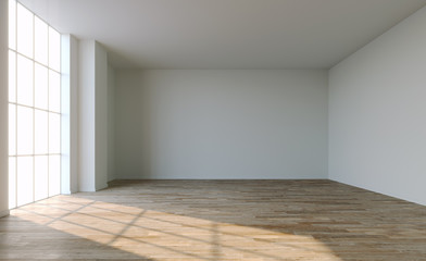 Fototapeta premium Empty white room with big window and sun light. 3D illustration. 
