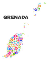 Mosaic technical Grenada map isolated on a white background. Vector geographic abstraction in different colors. Mosaic of Grenada map combined of random multi-colored wheel elements.