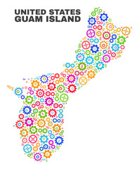 Mosaic technical Guam Island map isolated on a white background. Vector geographic abstraction in different colors. Mosaic of Guam Island map composed from scattered multi-colored cog elements.