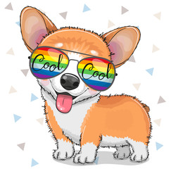 Naklejka premium Cool Corgi Cartoon z okularami przeciwsłonecznymi