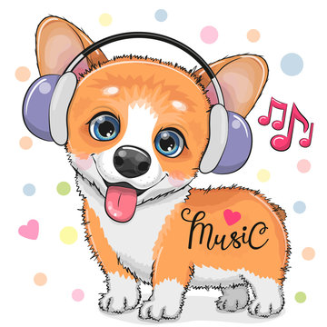 Cute cartoon Corgi Dog with headphones