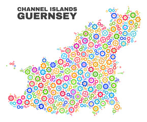 Mosaic technical Guernsey Island map isolated on a white background. Vector geographic abstraction in different colors. Mosaic of Guernsey Island map composed from scattered bright gear items.
