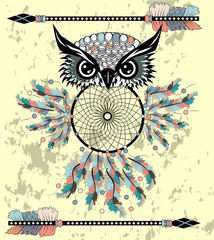 dream catcher with owl. boho style. totem animal