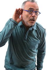 Obraz premium man putting a hand on her ear because she can not hear on white background