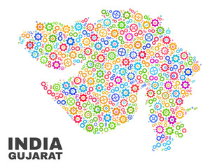Mosaic technical Gujarat State map isolated on a white background. Vector geographic abstraction in different colors. Mosaic of Gujarat State map combined of random multi-colored cogwheel items.