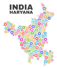 Mosaic technical Haryana State map isolated on a white background. Vector geographic abstraction in different colors. Mosaic of Haryana State map composed from scattered multi-colored gearwheel items.