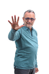 man with open hand and number five on white background