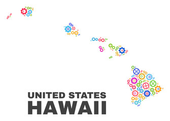 Mosaic technical Hawaii State map isolated on a white background. Vector geographic abstraction in different colors. Mosaic of Hawaii State map combined of scattered multi-colored wheel elements.