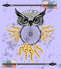 Indian decorative Dream Catcher owl in graphic style. illustration.