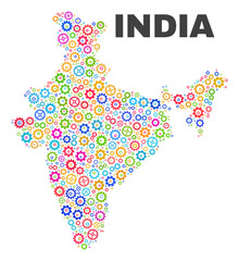 Mosaic technical India map isolated on a white background. Vector geographic abstraction in different colors. Mosaic of India map combined of scattered colorful gear elements.
