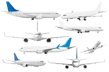 Set of eight aircraft isolated from the white background.