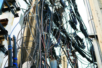 Messy electrical and telecommunication wire in Bankgkok, Thailand