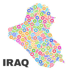 Mosaic technical Iraq map isolated on a white background. Vector geographic abstraction in different colors. Mosaic of Iraq map combined of scattered multi-colored cogwheel items.