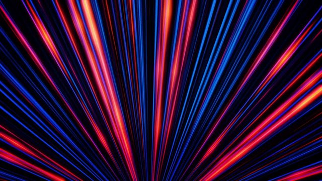 Abstract colorful animation with straight, shimmering, blue and red rays shining from one point. seamless loop. Beautiful glowing lines moving endlessly.