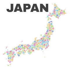 Mosaic technical Japan map isolated on a white background. Vector geographic abstraction in different colors. Mosaic of Japan map combined of scattered multi-colored gear elements.