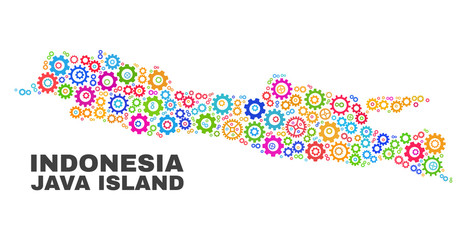Mosaic technical Java Island map isolated on a white background. Vector geographic abstraction in different colors. Mosaic of Java Island map combined of scattered multi-colored gear items.