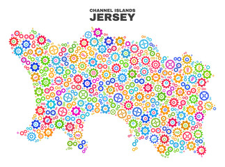 Mosaic technical Jersey Island map isolated on a white background. Vector geographic abstraction in different colors. Mosaic of Jersey Island map combined of scattered multi-colored cogwheel elements.