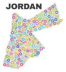 Mosaic technical Jordan map isolated on a white background. Vector geographic abstraction in different colors. Mosaic of Jordan map combined of scattered multi-colored gearwheel elements.