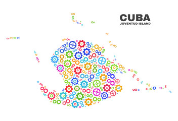 Mosaic technical Juventud Island map isolated on a white background. Vector geographic abstraction in different colors. Mosaic of Juventud Island map designed from scattered multi-colored cog items.