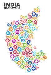 Mosaic technical Karnataka State map isolated on a white background. Vector geographic abstraction in different colors. Mosaic of Karnataka State map combined of random multi-colored cog elements.