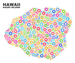 Mosaic technical Kauai Island map isolated on a white background. Vector geographic abstraction in different colors. Mosaic of Kauai Island map combined of scattered multi-colored cog elements.