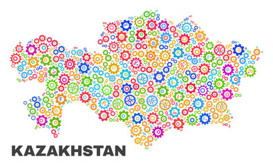Mosaic technical Kazakhstan map isolated on a white background. Vector geographic abstraction in different colors. Mosaic of Kazakhstan map combined of scattered multi-colored cogwheel elements.