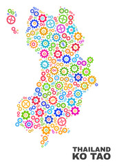 Mosaic technical Ko Tao map isolated on a white background. Vector geographic abstraction in different colors. Mosaic of Ko Tao map combined of random multi-colored cogwheel elements.