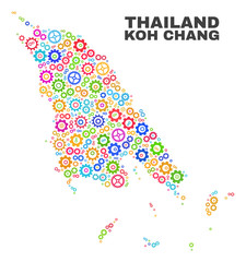 Mosaic technical Koh Chang map isolated on a white background. Vector geographic abstraction in different colors. Mosaic of Koh Chang map designed from scattered multi-colored cog items.