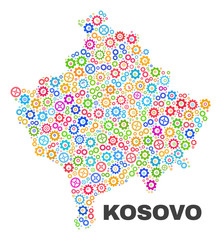 Mosaic technical Kosovo map isolated on a white background. Vector geographic abstraction in different colors. Mosaic of Kosovo map combined of scattered multi-colored cog elements.