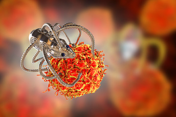 Nanobot attacking cancer cell, nanotechnology medical concept, 3D illustration. Nano sized robots developed to treat cancer