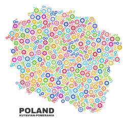 Mosaic technical Kuyavian-Pomeranian Voivodeship map isolated on a white background. Vector geographic abstraction in different colors.