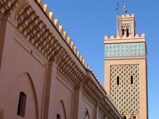 Views of the Moulay El Yazid Mosque in the old Medina of Marrakech with the unique patterns of Moroccan mosques