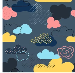 Fototapete Seamless pattern with bright cartoon clouds. It is executed by means of graphic receptions: various textures, spots, strips, contours. Great for prints, textiles, covers, gift wrappers, backdrops © Ксения Хомякова