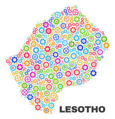 Mosaic technical Lesotho map isolated on a white background. Vector geographic abstraction in different colors. Mosaic of Lesotho map designed from scattered multi-colored gear items.