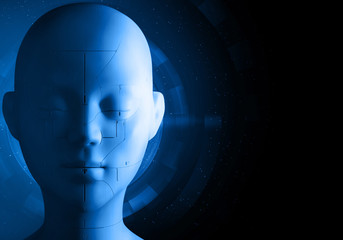 Fototapeta premium cyberpunk background 3d illustration digital technology light internet network, robot futuristic ai, bionic face front