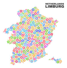 Mosaic technical Limburg Province map isolated on a white background. Vector geographic abstraction in different colors. Mosaic of Limburg Province map combined of random multi-colored wheel items.