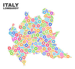 Mosaic technical Lombardy region map isolated on a white background. Vector geographic abstraction in different colors. Mosaic of Lombardy region map combined of random bright cogwheel items.