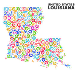Mosaic technical Louisiana State map isolated on a white background. Vector geographic abstraction in different colors. Mosaic of Louisiana State map combined of random multi-colored gearwheel items.
