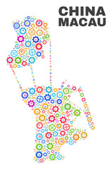 Mosaic technical Macau map isolated on a white background. Vector geographic abstraction in different colors. Mosaic of Macau map combined of random multi-colored cogwheel elements.