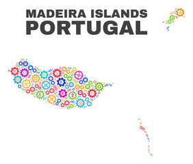 Mosaic technical Madeira Islands map isolated on a white background. Vector geographic abstraction in different colors. Mosaic of Madeira Islands map composed from random multi-colored cogwheel items.