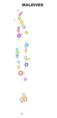 Mosaic technical Maldives map isolated on a white background. Vector geographic abstraction in different colors. Mosaic of Maldives map combined of scattered multi-colored gearwheel elements.