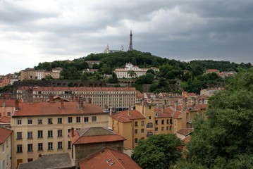 Fototapeta premium view of the city of Lyon France, rainy sunset
